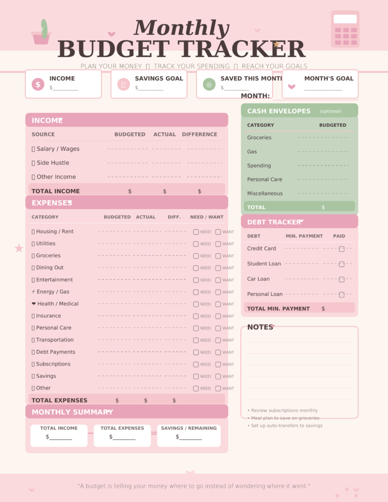 Monthly Budget Tracker PDF