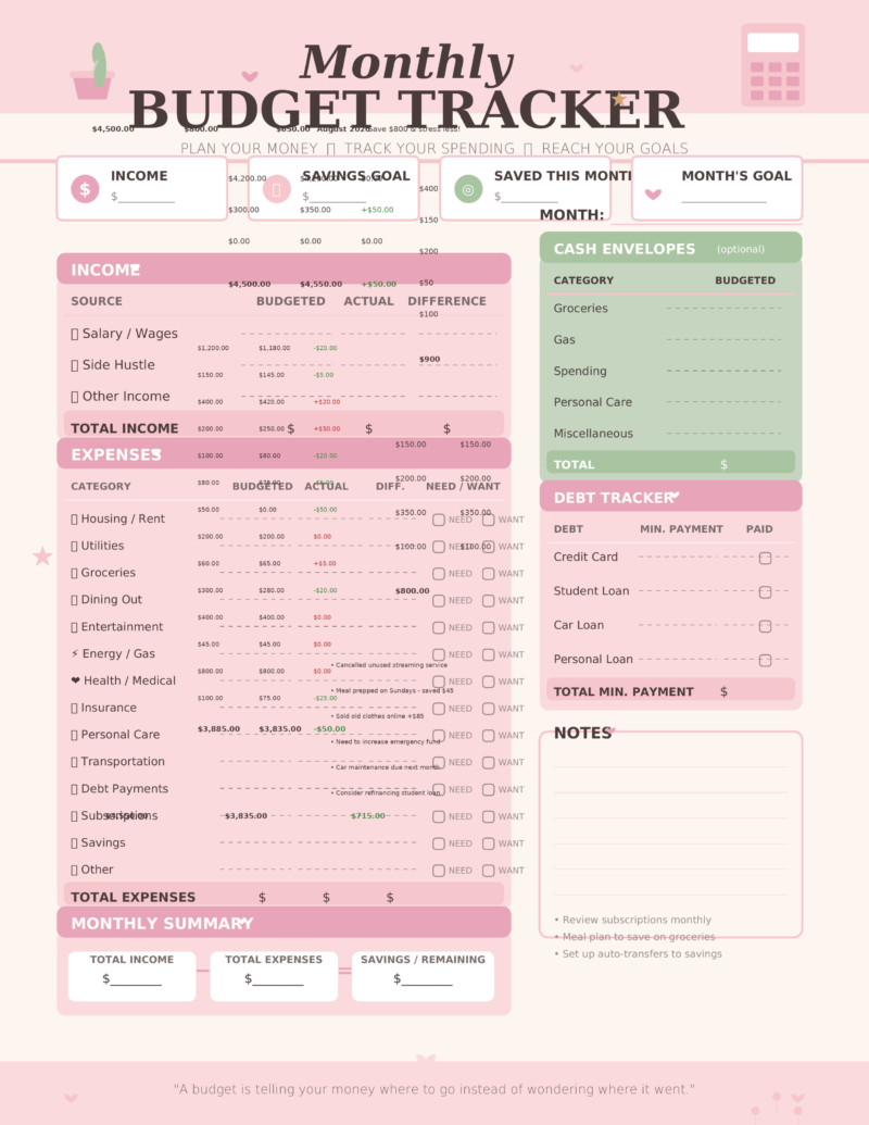 Monthly Budget Tracker PDF
