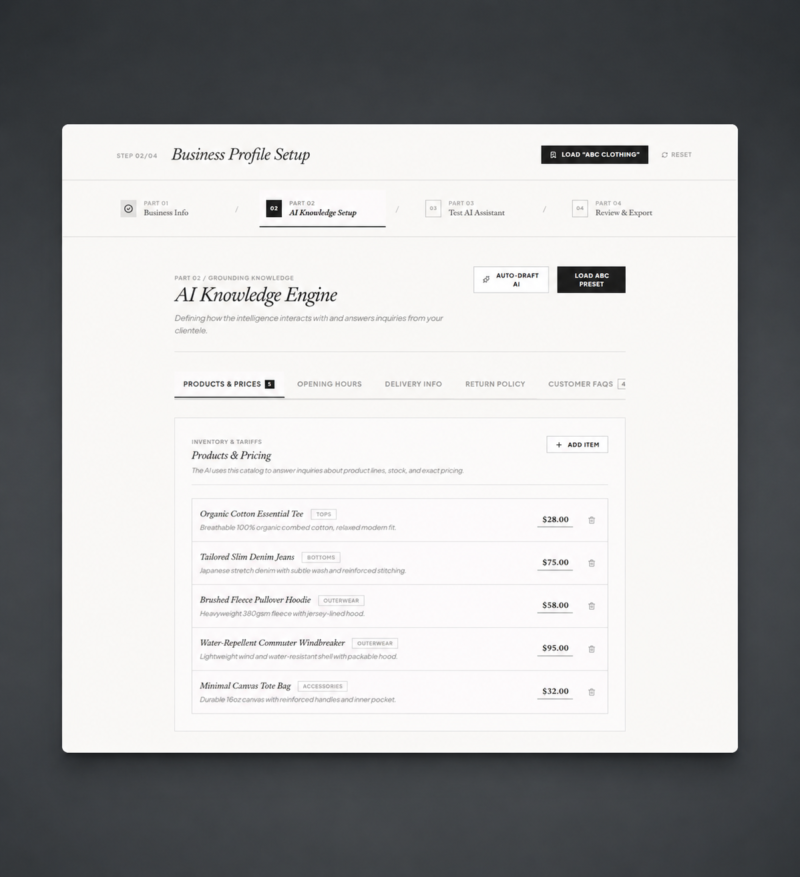 Business Profile Setup – AI Business Knowledge & Customer Assistant