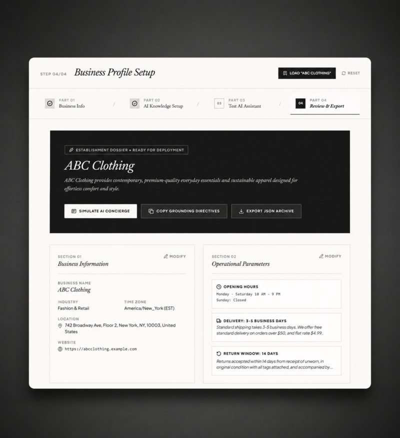Business Profile Setup – AI Business Knowledge & Customer Assistant